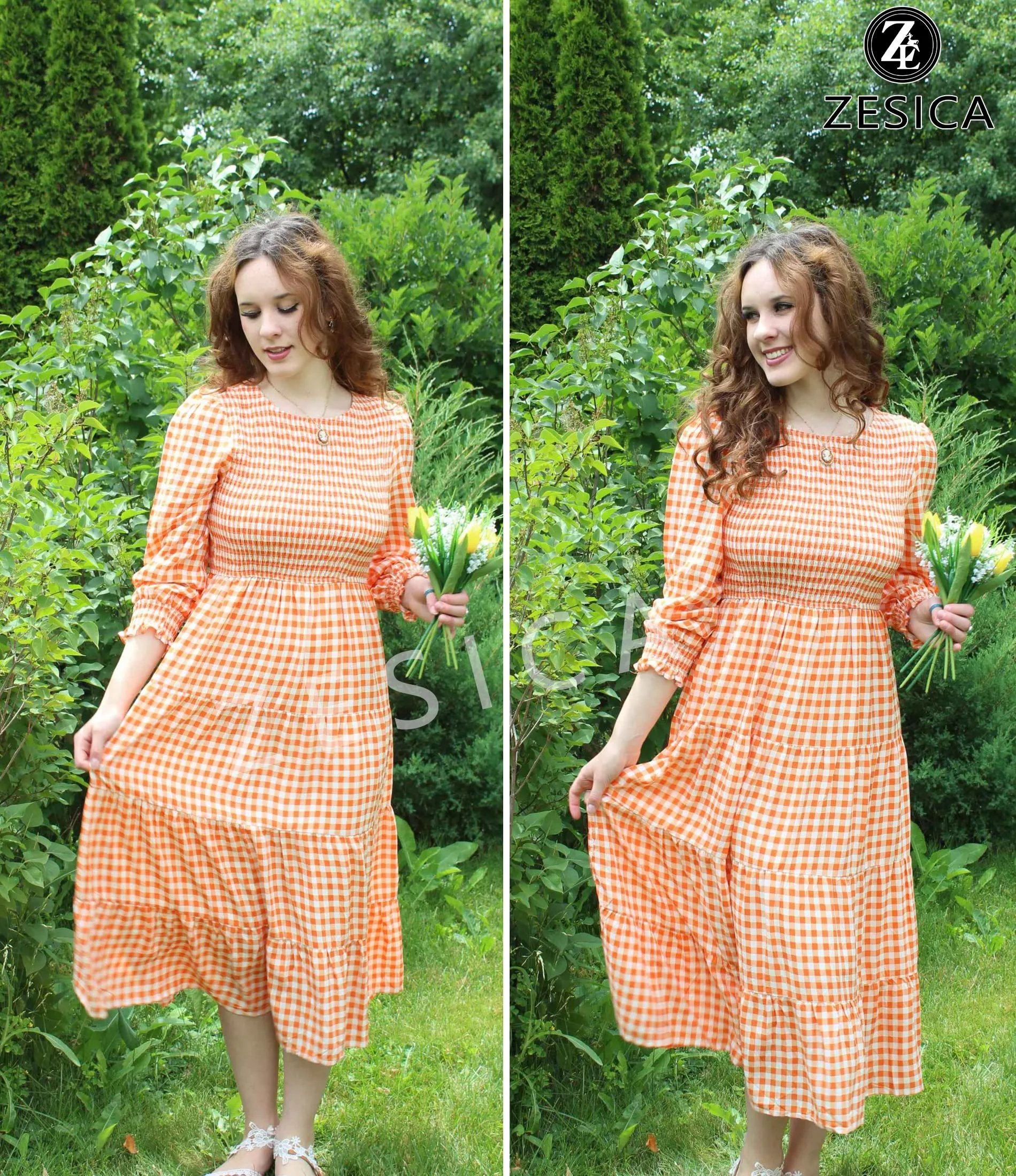 ZESICA Long Sleeve Elastic Waist Smocked Flowy Tiered Midi Dress