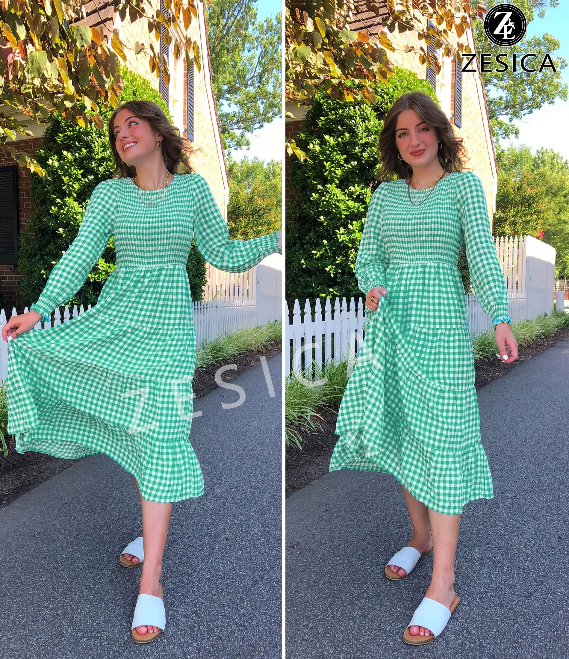 ZESICA Long Sleeve Elastic Waist Smocked Flowy Tiered Midi Dress