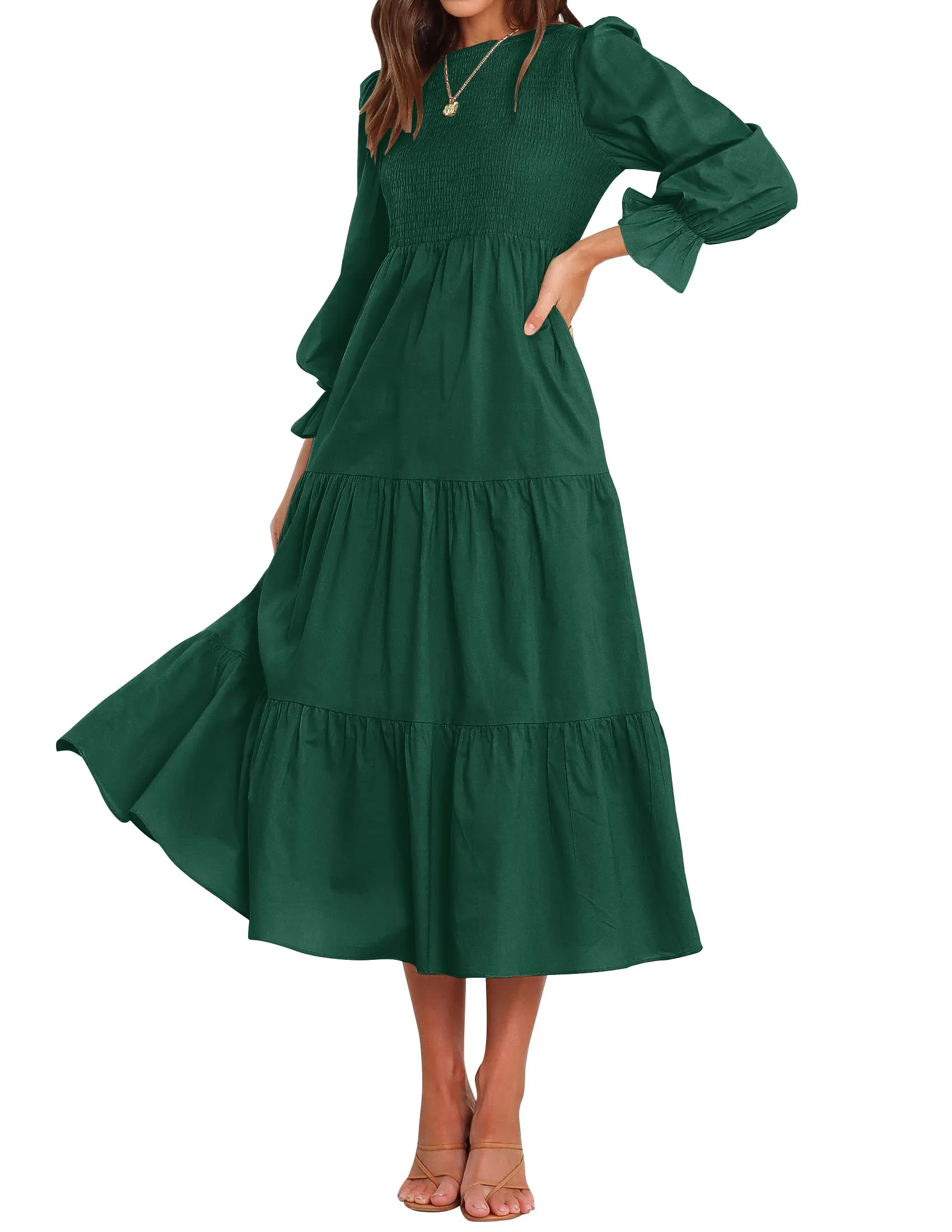 ZESICA Long Sleeve Elastic Waist Smocked Flowy Tiered Midi Dress